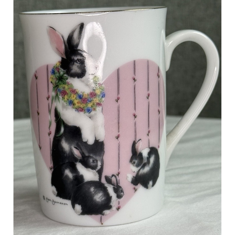 Vintage Pink Floral Bunny Rabbit Mug Cup Jan Jameson Heartprint Otagiri‎ Japan